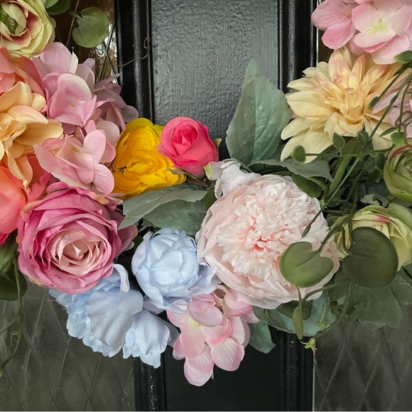 Spring Floral Roses Peony Hydrangeas Mums Door Handcrafted Grapevine Wreath - Picture 2 of 7
